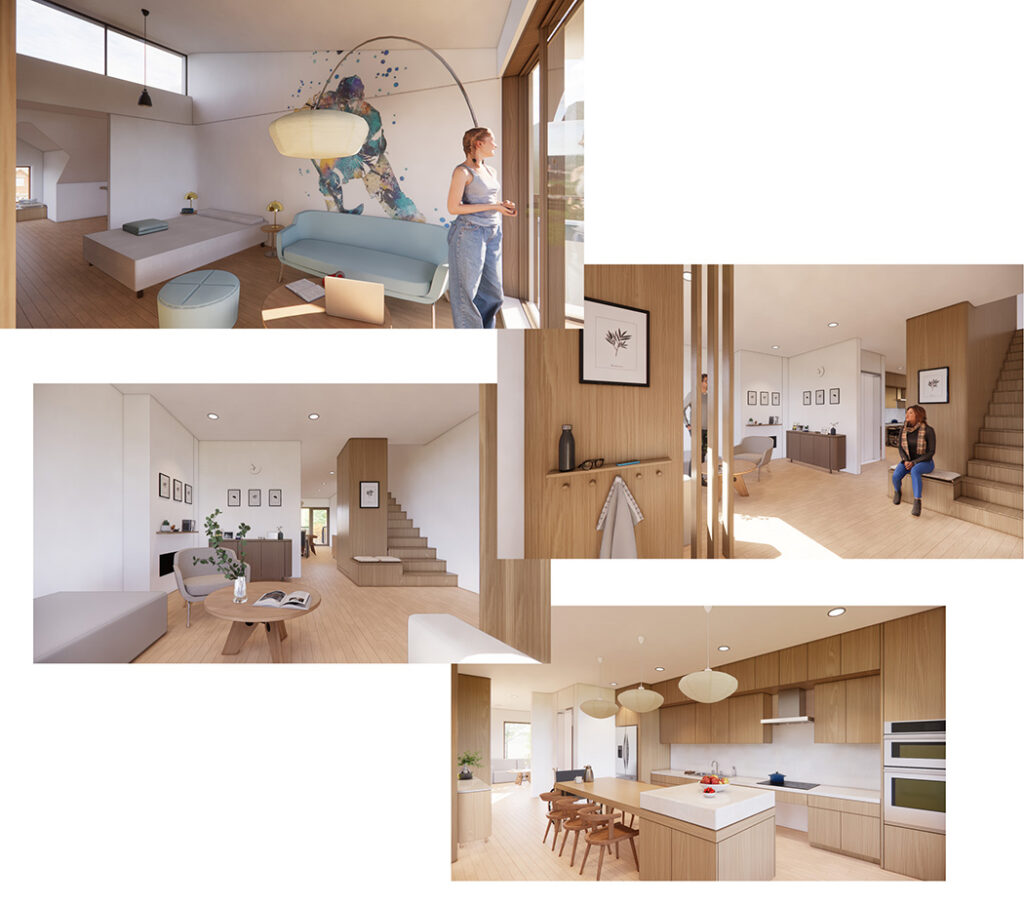 collage of interior renderings of a private residence