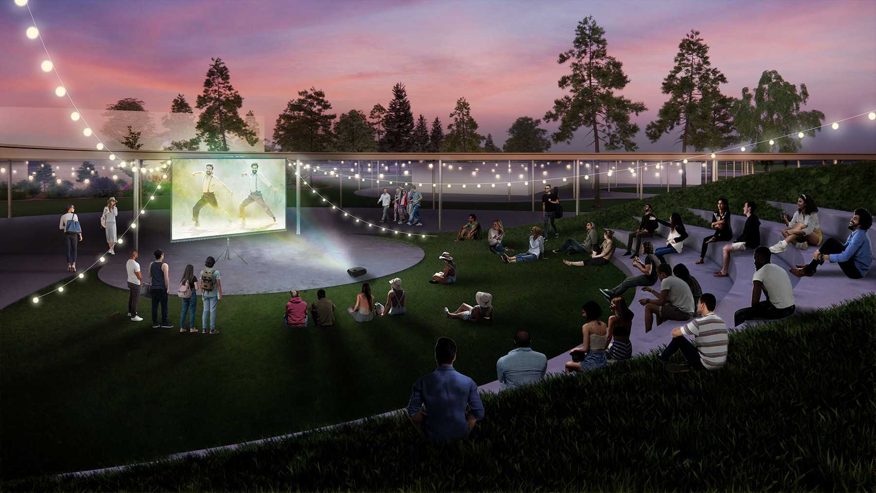 rendering of an outdoor event space at a college at dusk