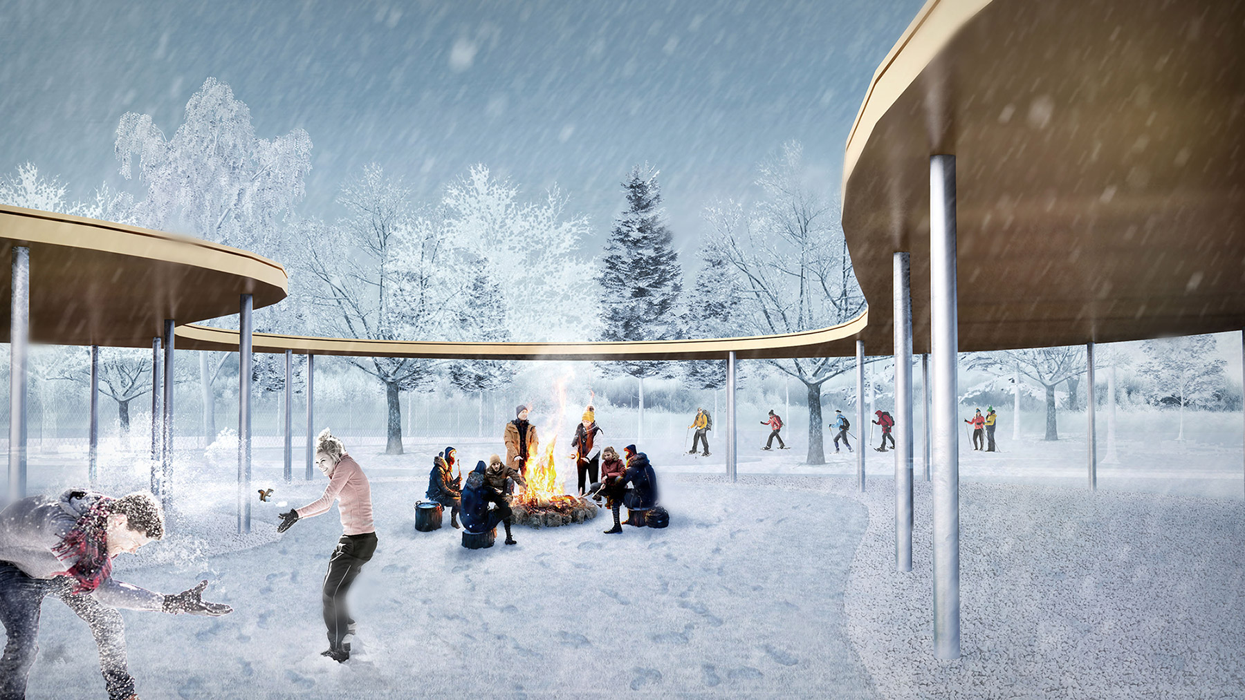 rendering of a winter outdoor scene at a college with students and a bonfire